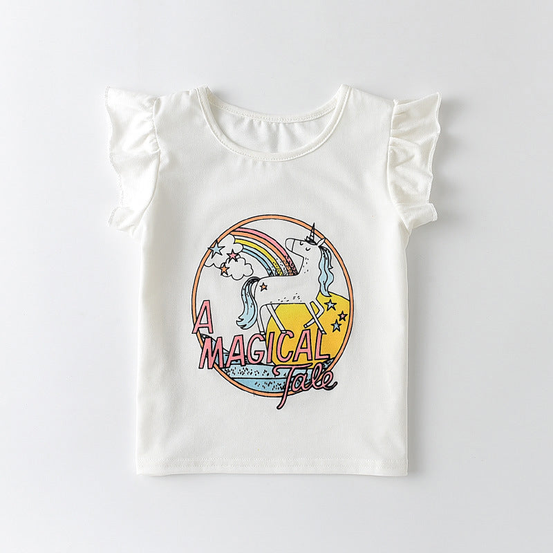 Children Kids Baby Fashion Girls Ruffle Sleeve Unicorn Print T-Shirt