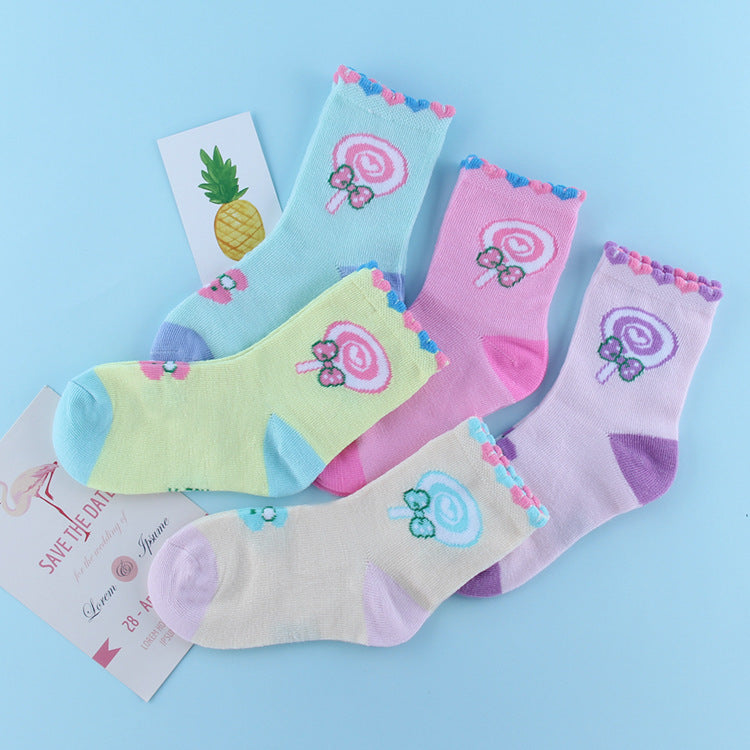 5pairs/Set Kids Girls Cute Cartoon Lollipop Comfortable Breathable Elastic Socks