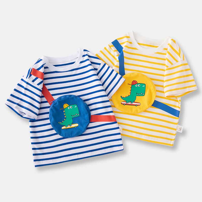Kids Toddler Boys Casual Cute Dinosaur Stripe Print Short Sleeve Round Neck T-Shirt
