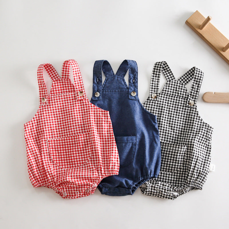 Unisex Babies Soft Denim Check Solid Color Suspenders Romper