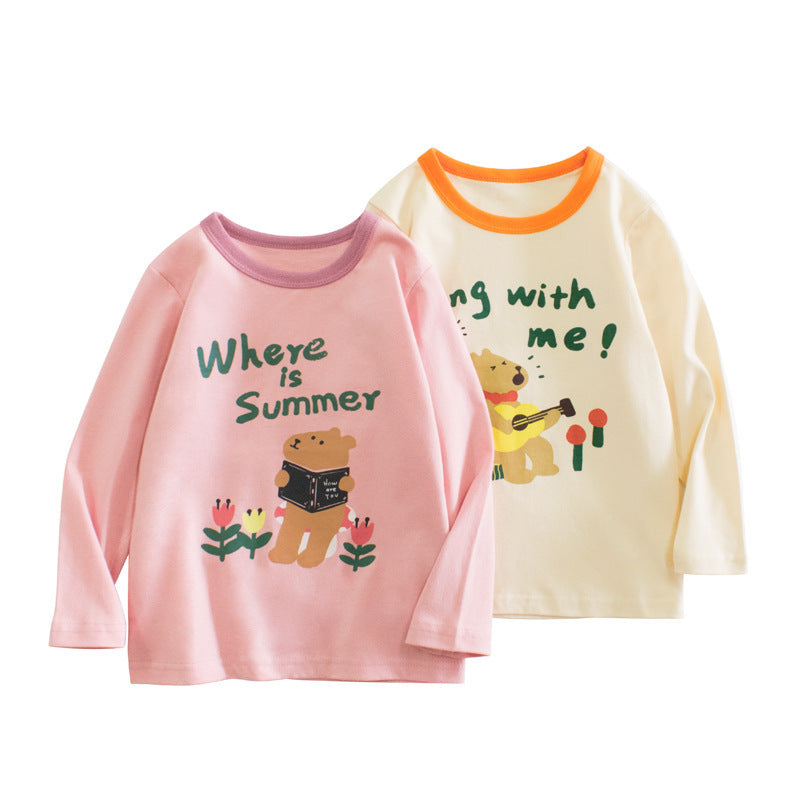 Kids Toddler Big Girls Spring Autumn Casual Versatile Letters Cartoon Bear Print Long Sleeve Round Neck T-Shirt