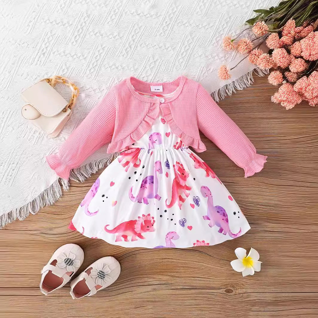 Kids Baby Girls Casual Tiny Flower Print Long Sleeve Cardigan Knitted Top Dress Sets