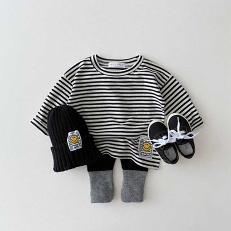 Kids Baby Boys Girls Casual Cute Stripe Smiley Long Sleeve Round Neck T-Shirt