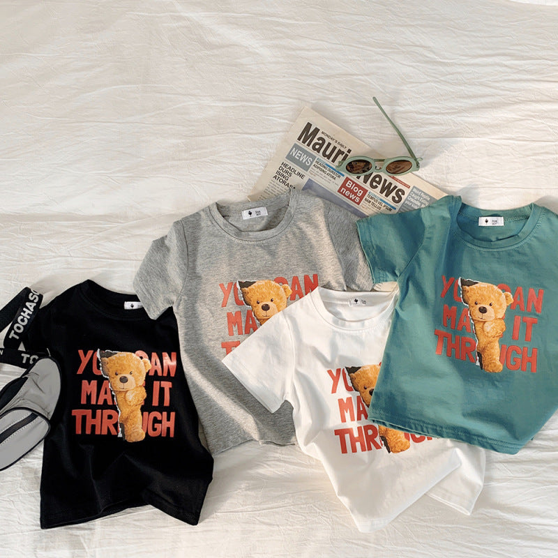 Kids Casual Round Neck Short Sleeve Cartoon Bear Letter Pattern Loose T-shirt