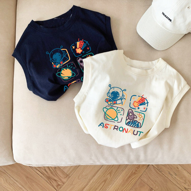 Kids Toddler Girls Boys Summer Basic Cotton Space Cartoon Sleeveless Round Neck T-Shirt