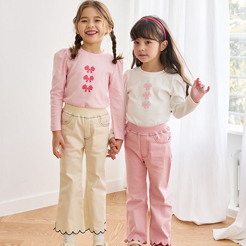 Girls Casual Bow Printed Long Sleeve T-Shirt