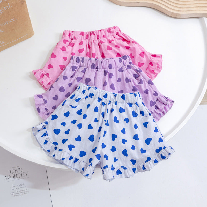 Children Kids Baby Fashion Girls Casual Basic Love Print Ruffled Shorts