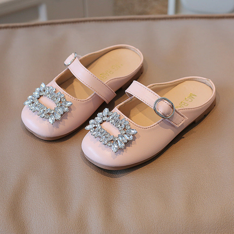 Children Kids Toddlers Fashion Girls Rhinestones Design Slippers Princess Pu Leather Shoes