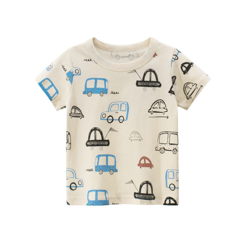 Boys Basic Cartoon Car Round Neck Short-sleeved T-shirt