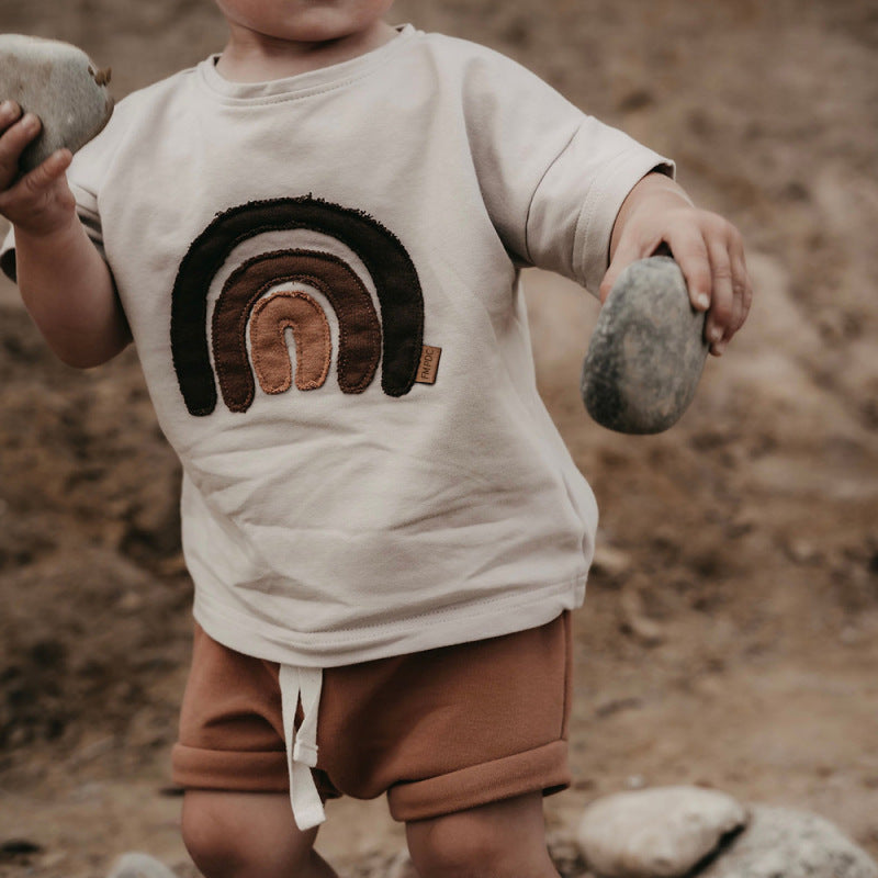Kids Baby Boys Girls Casual Cute Basic Rainbow Stripe Short Sleeve Round Neck T-Shirt