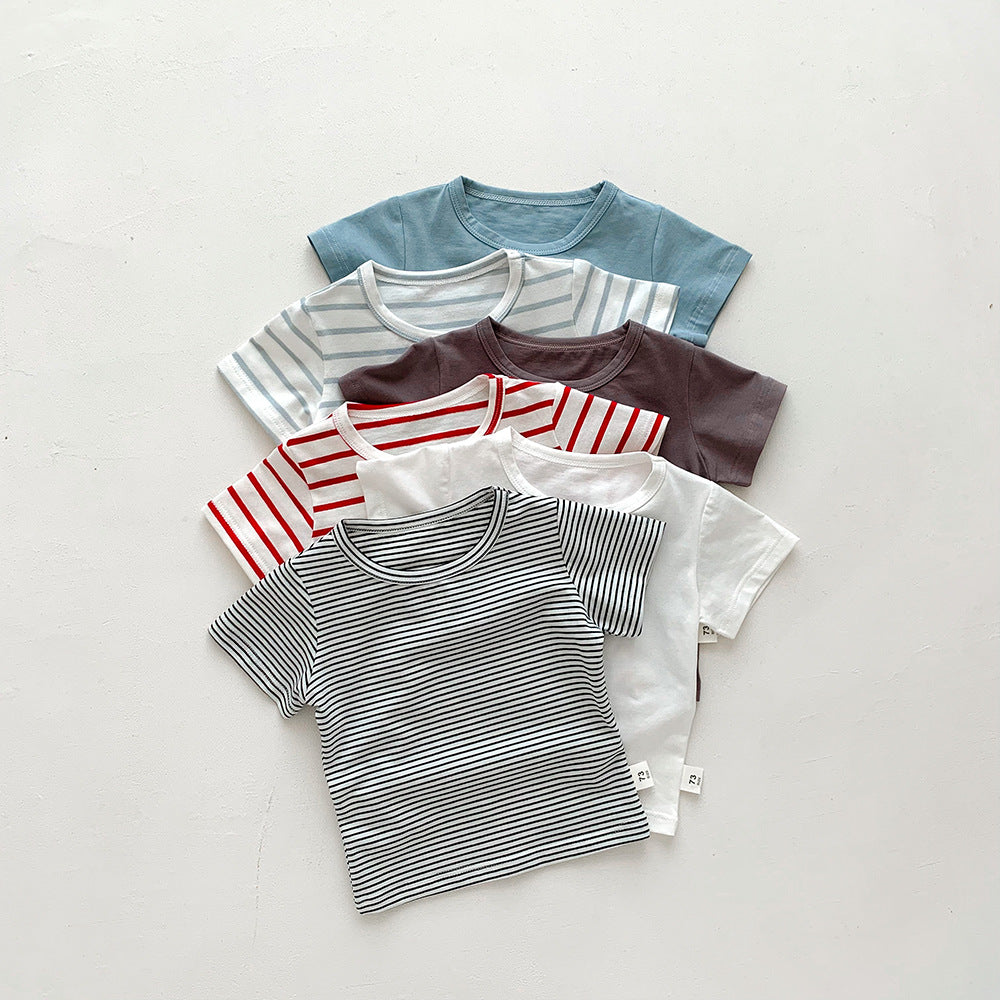 Kids Baby Fashion Casual Solid Color Stripe Cotton Round Neck Short-Sleeve T-Shirt