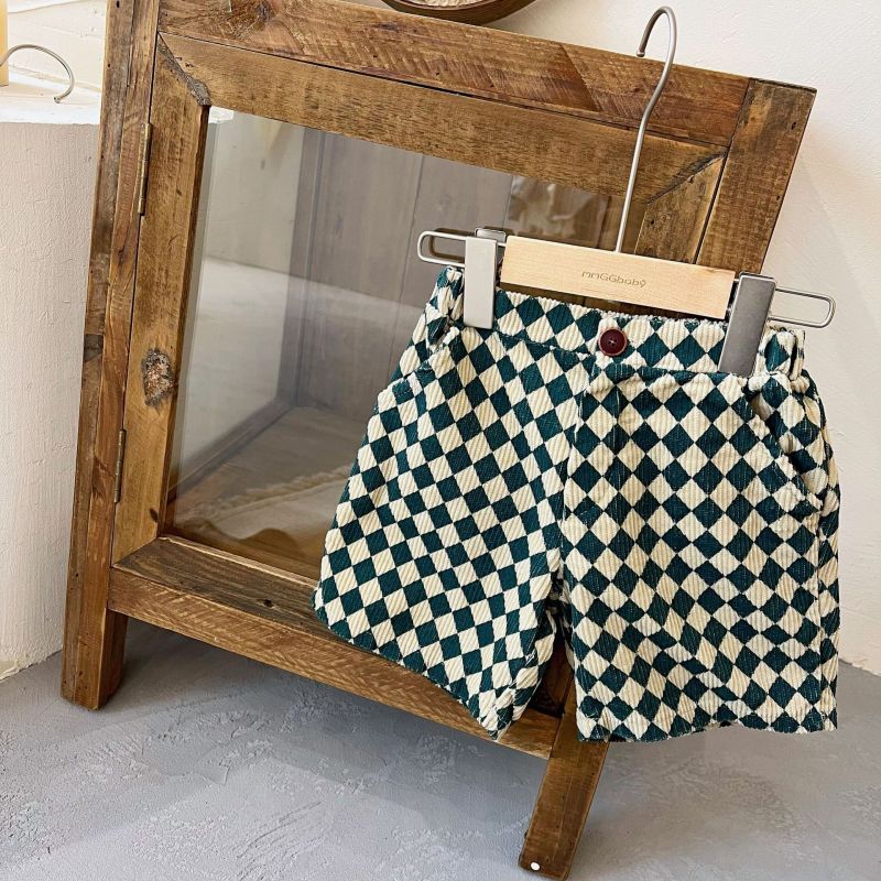 Kids Casual Plaid All Over Print Elastic Loose Corduroy Shorts