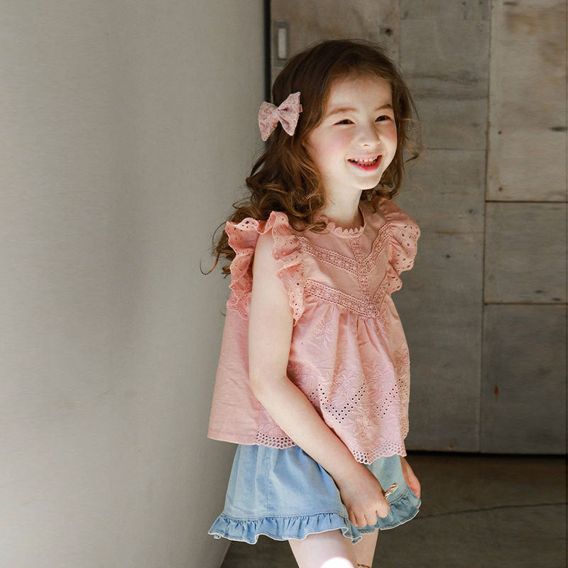 Children Kids Baby Fashion Girls Ruffle Sleeve Solid Color Hollow T-Shirt