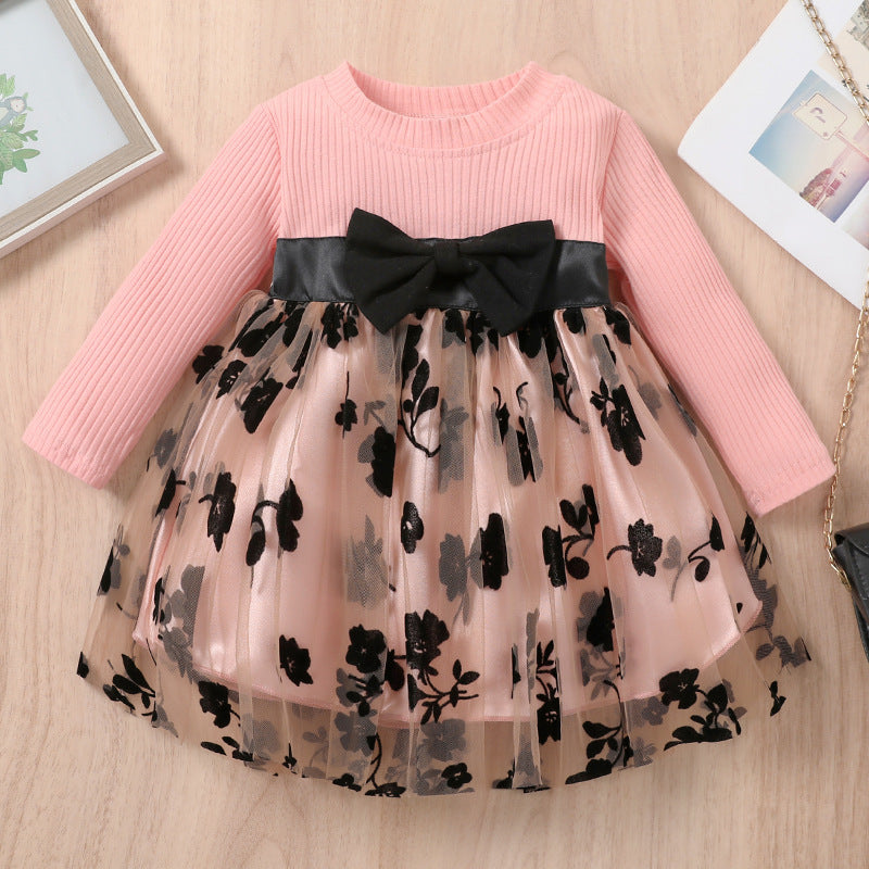 Toddlers Newborn Baby Girlslong-Sleeved Round Neck Mesh Princess Dress