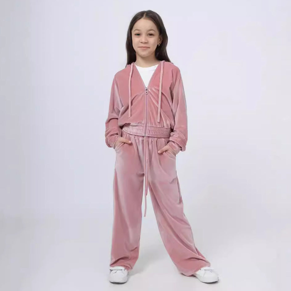 Autumn And Winter Toddler Girls Sports Velvet Zipper Hoodie Pants Casual Two-Piece Set