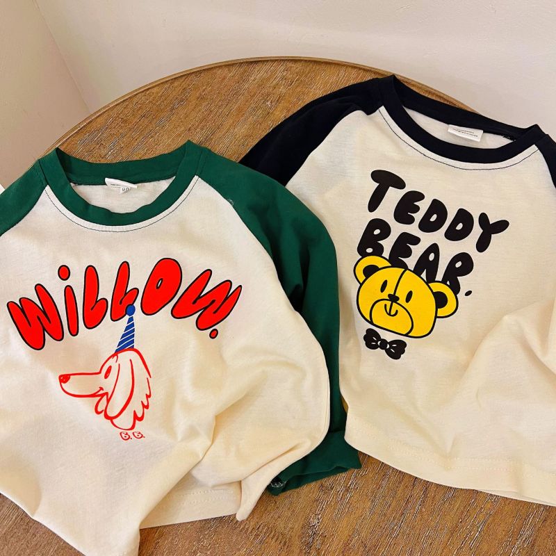Kids Boys Casual Cute Cartoon Animal Letter Pattern Round Neck Long Sleeve Soft Cotton T-shirt