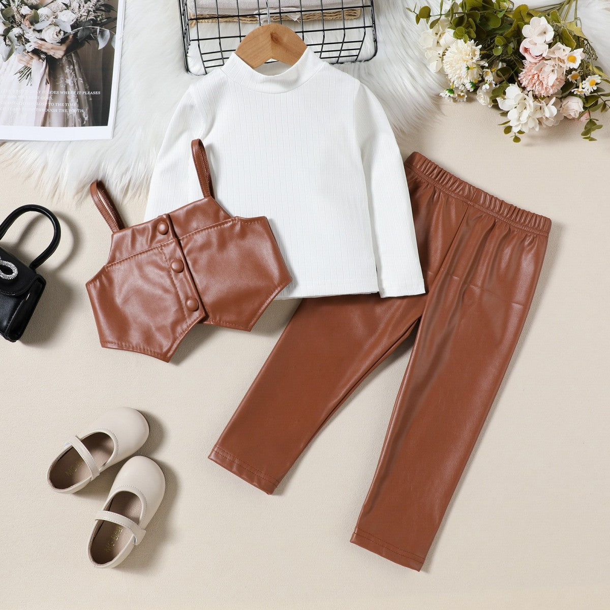 Autumn And Winter Girls Fashion Leather Trousers Three-Piece Set