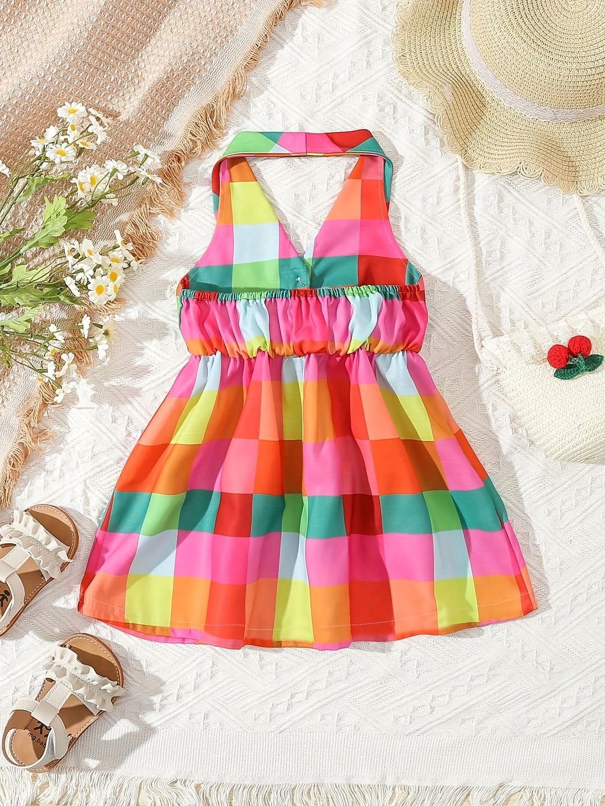 Baby Girls Halter Neck Backless Color Blocking Plaid Dress