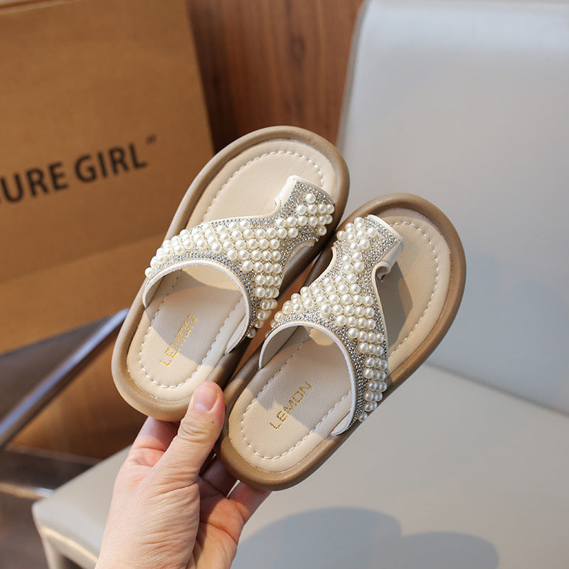 Kids Girls Casual Cute Pearl Rhinestone Slippers