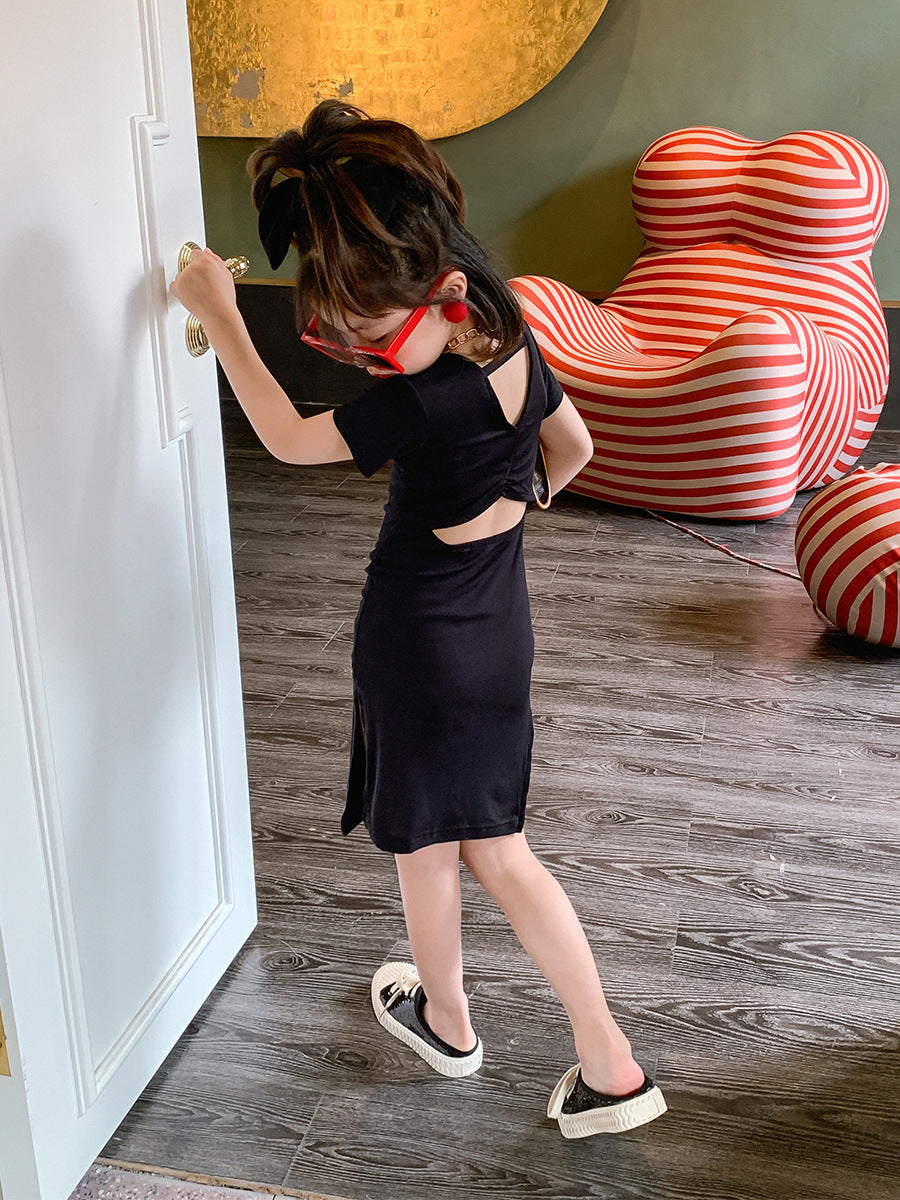 Girl'S Fashion Solid Color Short-Sleeve Hollow-Out Split Dress