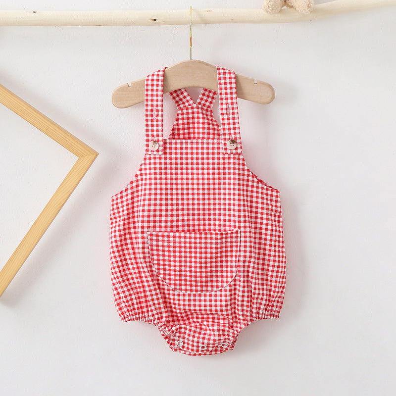 Unisex Babies Soft Denim Check Solid Color Suspenders Romper