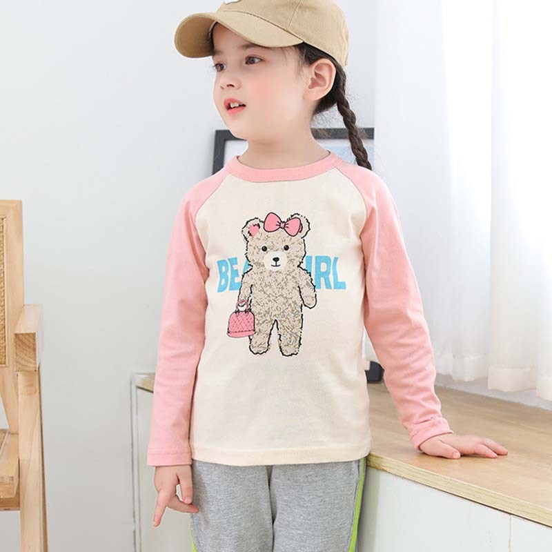 Kids Toddler Big Girls Casual Cute Cartoon Bear Letters Print Long Sleeve Round Neck T-Shirt