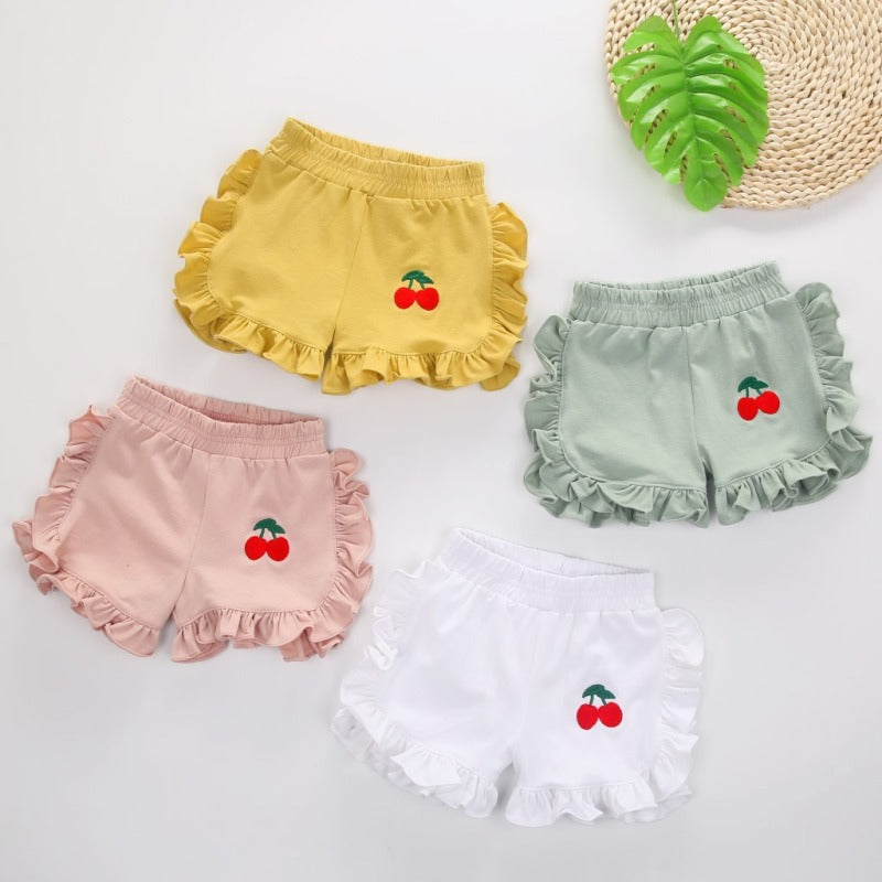 Kids Toddler Girls Fashion Cherry Embroidered Wood Ear Shorts