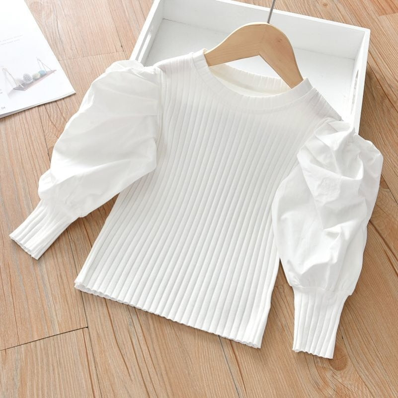 Kids Toddler Girls Fashion Casual Solid Color Rib-Knit Puff Sleeve T-Shirt