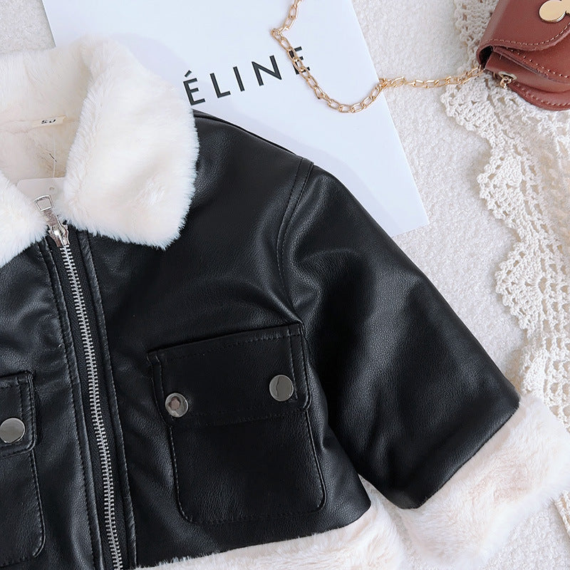 Winter Fashion Two-Piece Plush PU Jacket And Skirt Set