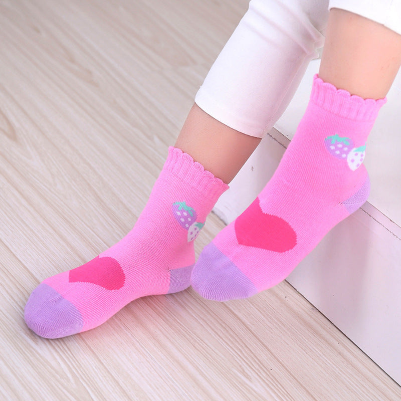 5pairs/set Kids Girls Retro Cartoon Strawberry Comfortable Breathable Elastic Socks