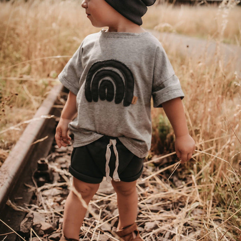 Kids Baby Boys Girls Casual Cute Basic Rainbow Stripe Short Sleeve Round Neck T-Shirt