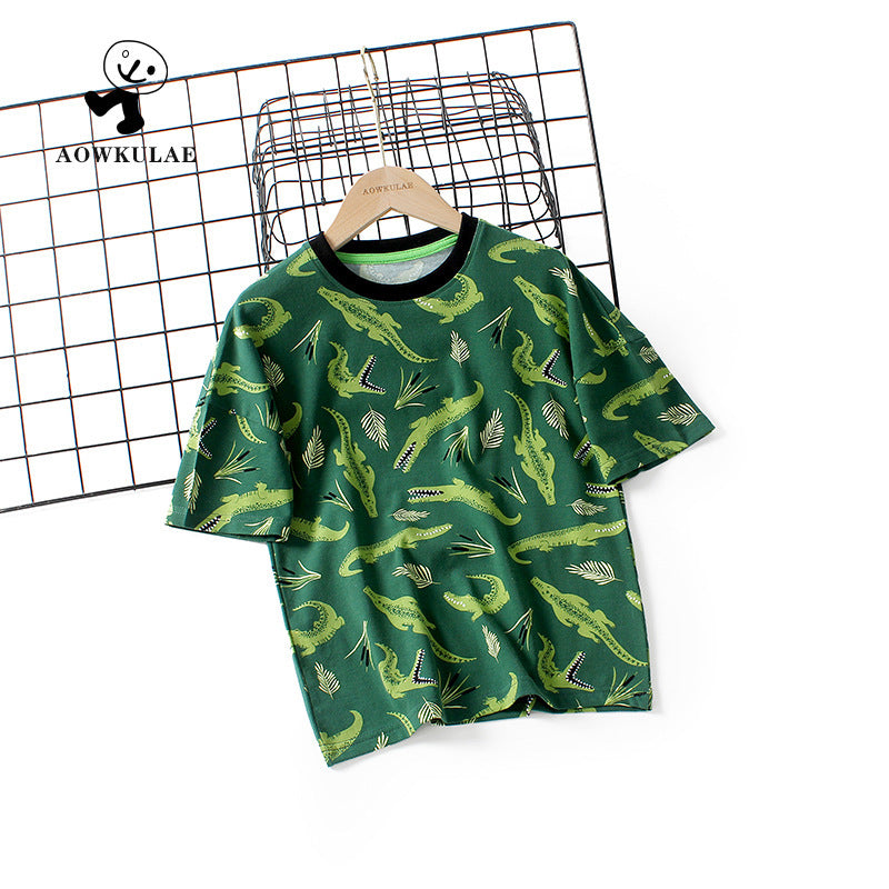 Kids Boys Casual Cartoon Animal All Over Print Round Neck Short-sleeved Loose T-shirt