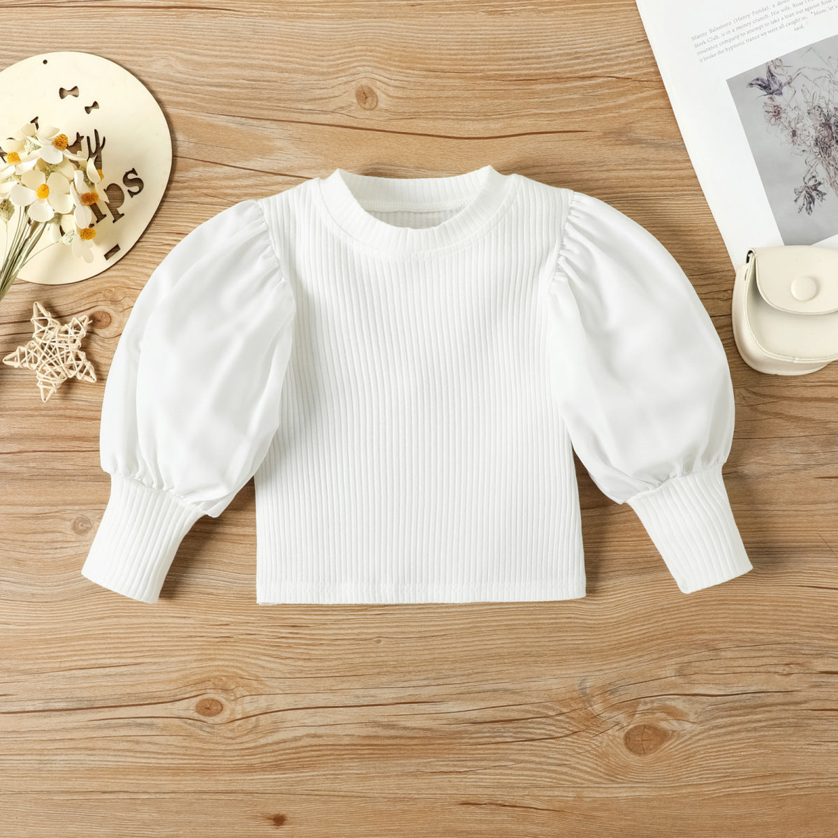 Autumn And Winter Girls' Fashion Puff Sleeve Top And Leather Pants Two-Piece Set