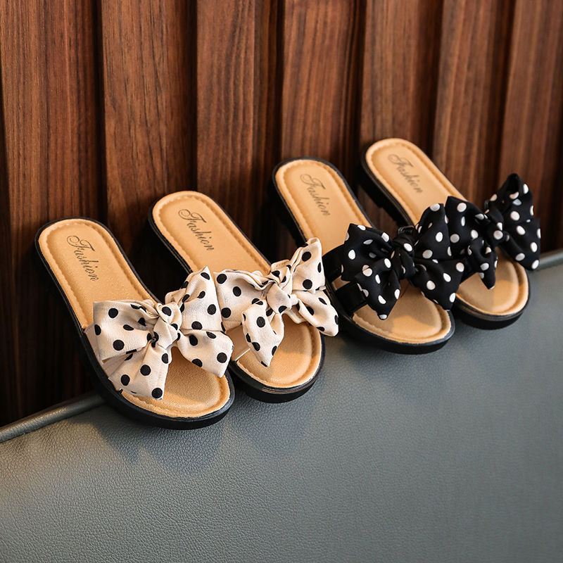 Girls Sweet Polka Dot Big Bow Non-slip Soft Bottom Slippers
