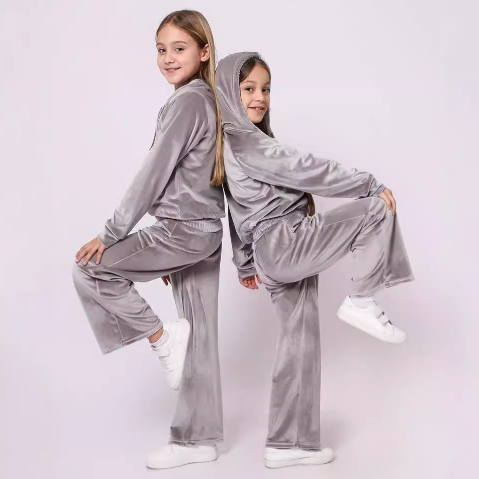 Autumn And Winter Toddler Girls Sports Velvet Zipper Hoodie Pants Casual Two-Piece Set