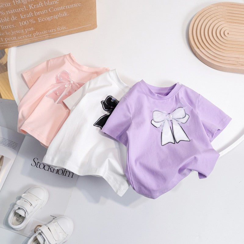 Children Kids Toddlers Girls Short Sleeve Cute Bow Knot T-Shirt