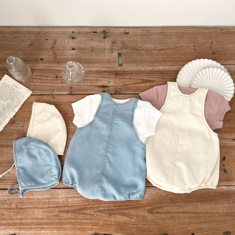 Unisex Babies Summer Thin Soft Denim Romper With Hat