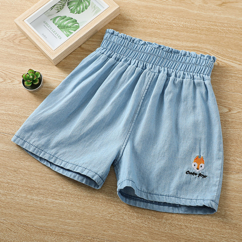 Kids Cute Cartoon Rabbit Fox Letter Embroidery Denim Casual Shorts