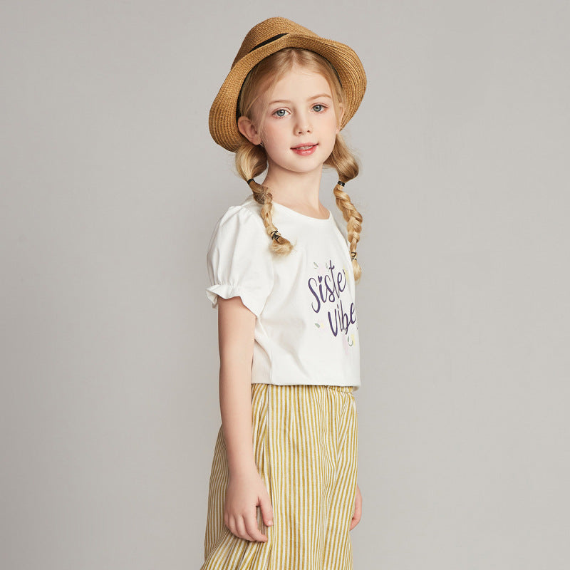 Children Kids Baby Fashion Girls Short Sleeve Flower Letter Print T-Shirt