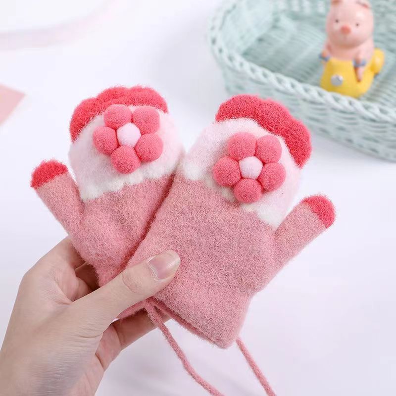 Winter Children Cartoon Color Block Stereo Floral Lanyard Warm Knitted Gloves
