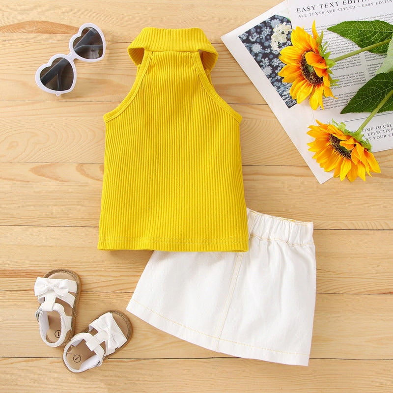 Toddlers Newborn Baby Girls Sleeveless Solid Color Top And Skirt 2pcs Set