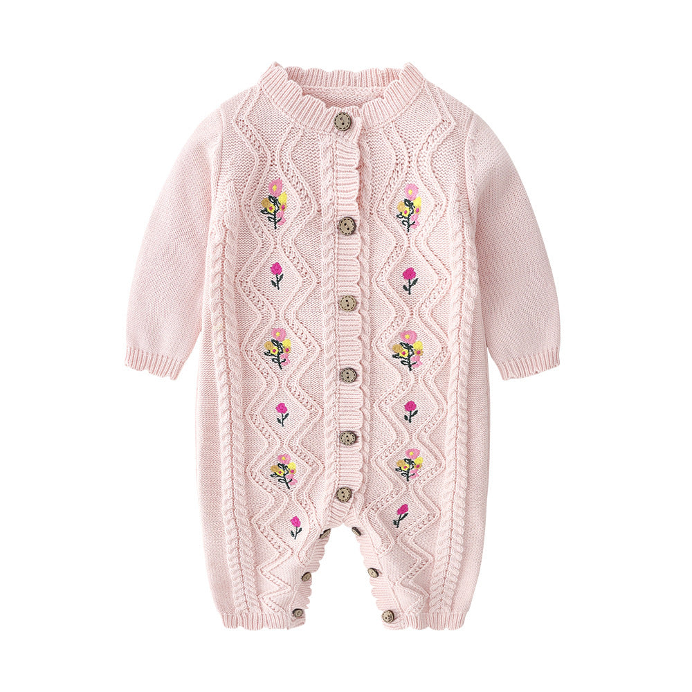 Winter Baby Fashion Floral Embroidered Knitted One Piece And Hat