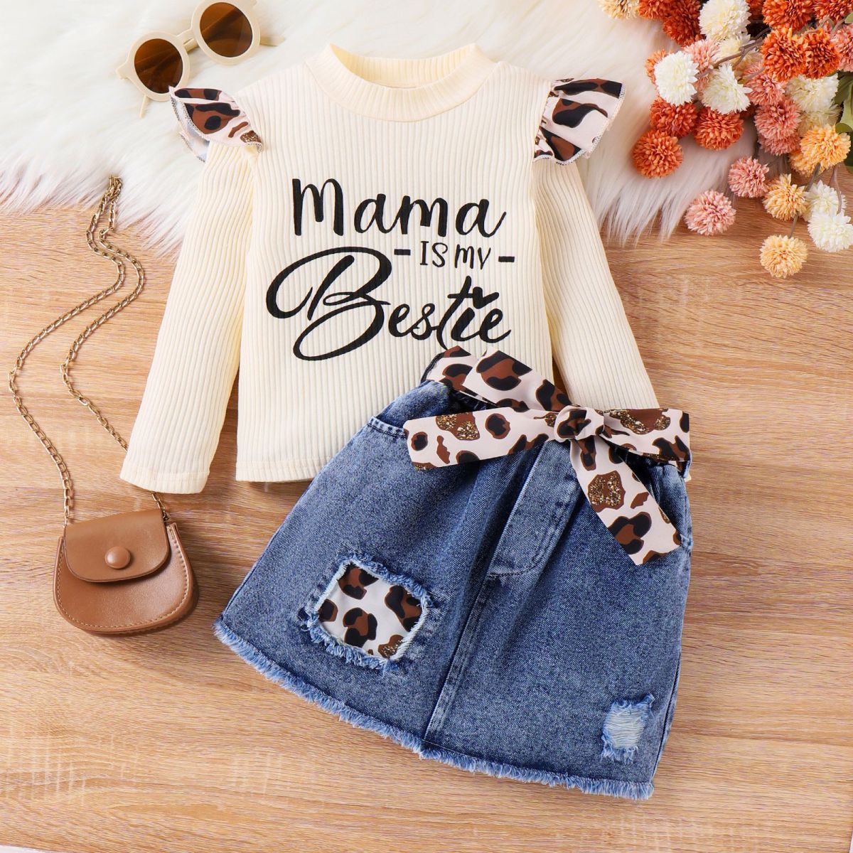Autumn And Winter Girls Fashion Leopard Ruffled Top And Denim Skirt Two-Piece Set
