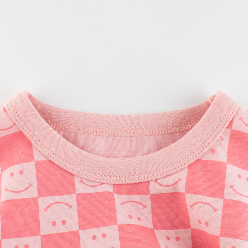 Children Kids Toddlers Fashion Girls Short Sleeve Smiley Plaid Print T-Shirt