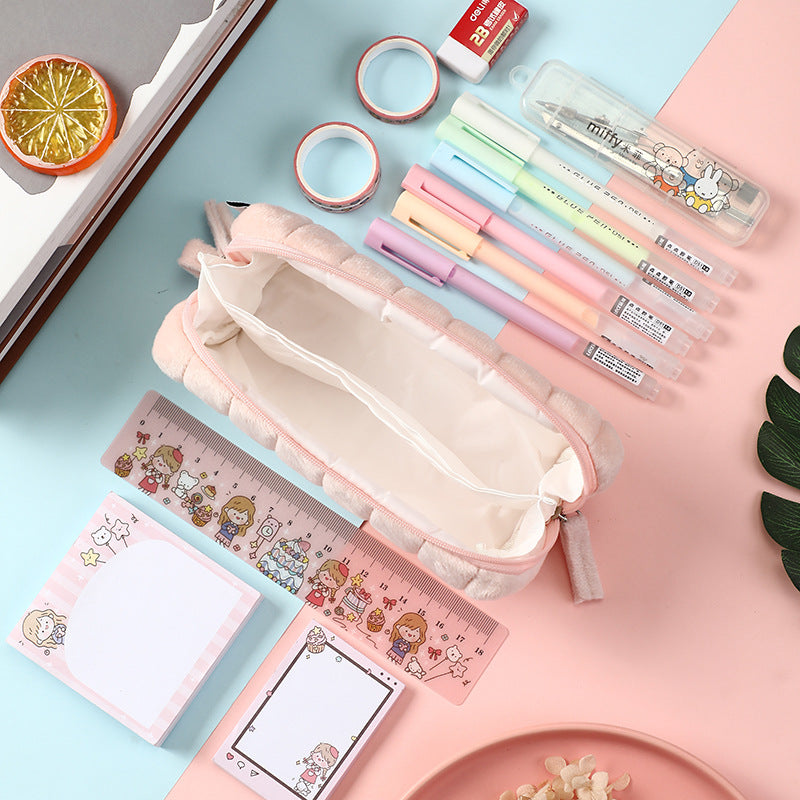 Fashion Solid Color Soft Anti-Fall Large-Capacity Plush Stationery Bag