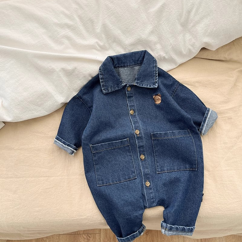 Baby Girls Boys Bear Embroidery Short Sleevv Denim Rompers