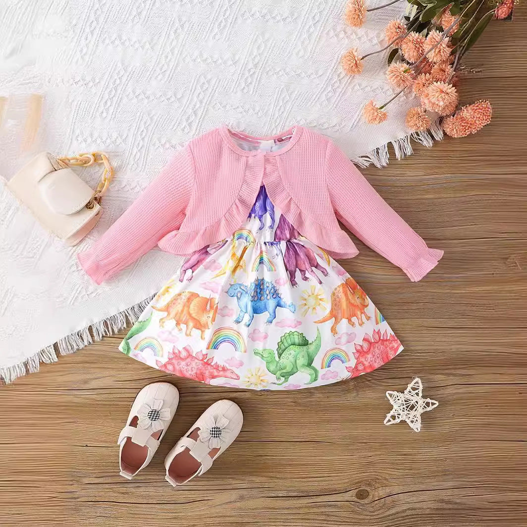 Kids Baby Girls Casual Tiny Flower Print Long Sleeve Cardigan Knitted Top Dress Sets