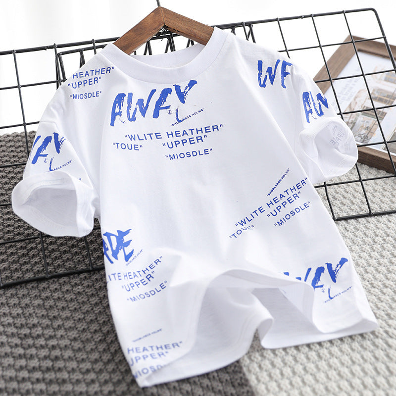Kids Boys Casual Round Neck Short Sleeve Letter All Over Print Loose T-shirt