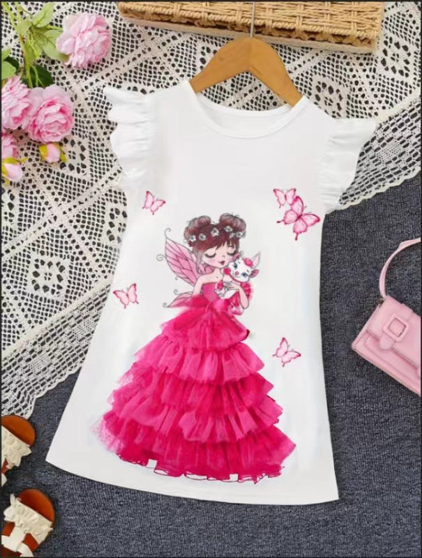 Toddler Girls Cartoon Princess Tulle Dress Printed Round Neck Cap Sleeve White Casual Dress