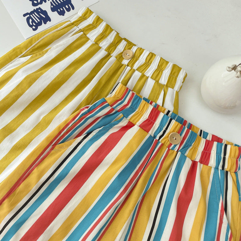 Kids Casual Color Blocking Elastic Waist Stripe Loose Shorts